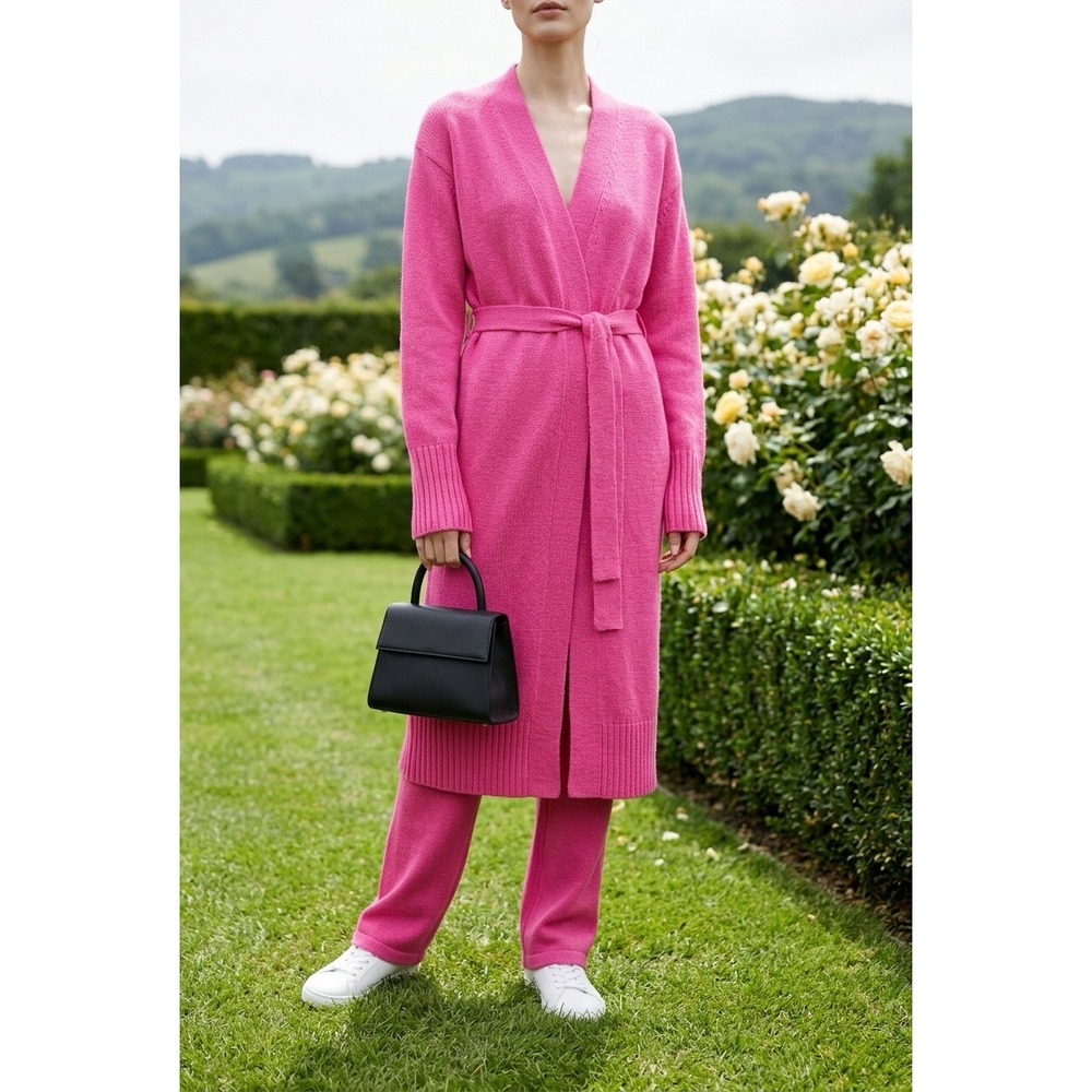 G by Giuliana Pink Longline Belted Knit‎ Cardigan Sweater Womens Med Barbiecore